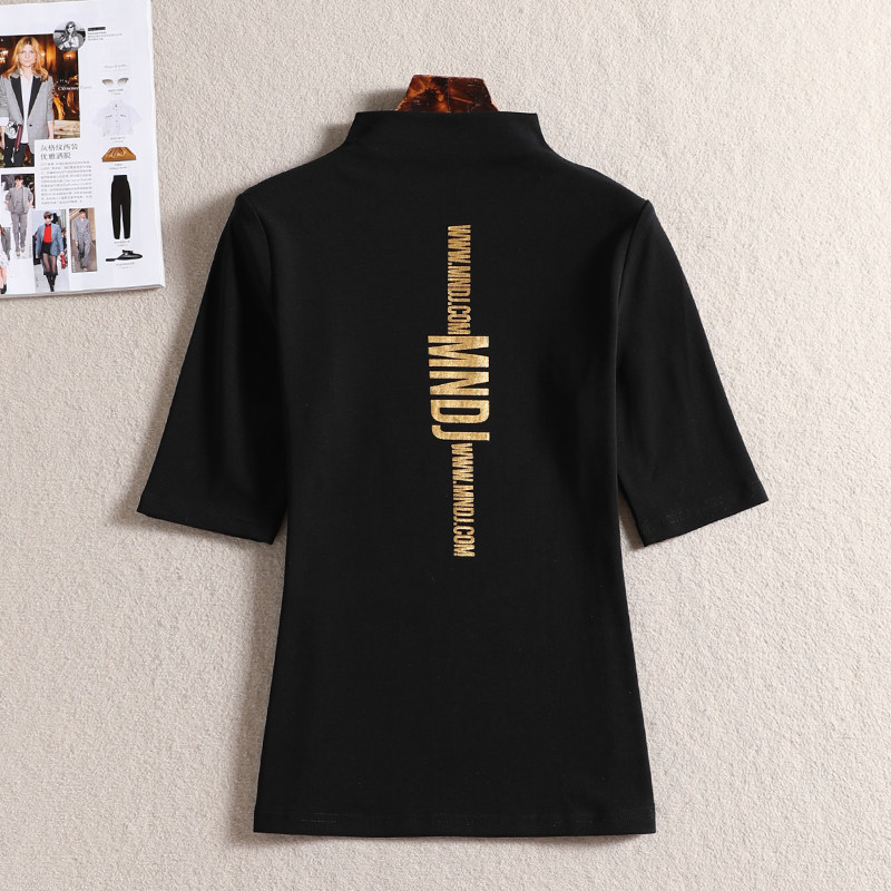 春秋新款女装大码烫金印花中袖棉T恤打底衫女士大码韩版立领上衣