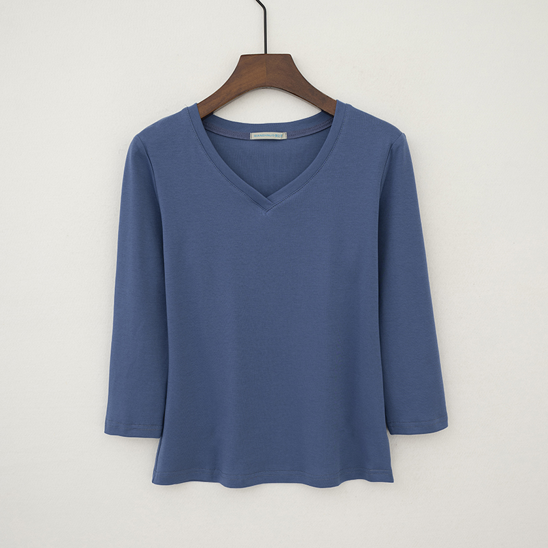 七分袖修身薄V领精梳棉女装T恤衫