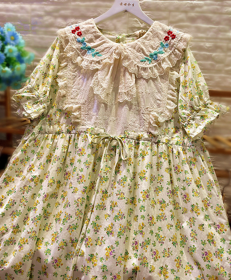 高档精细纯棉/熊姑娘连衣裙/文艺森系印花短袖大码绣花娃娃领夏绿