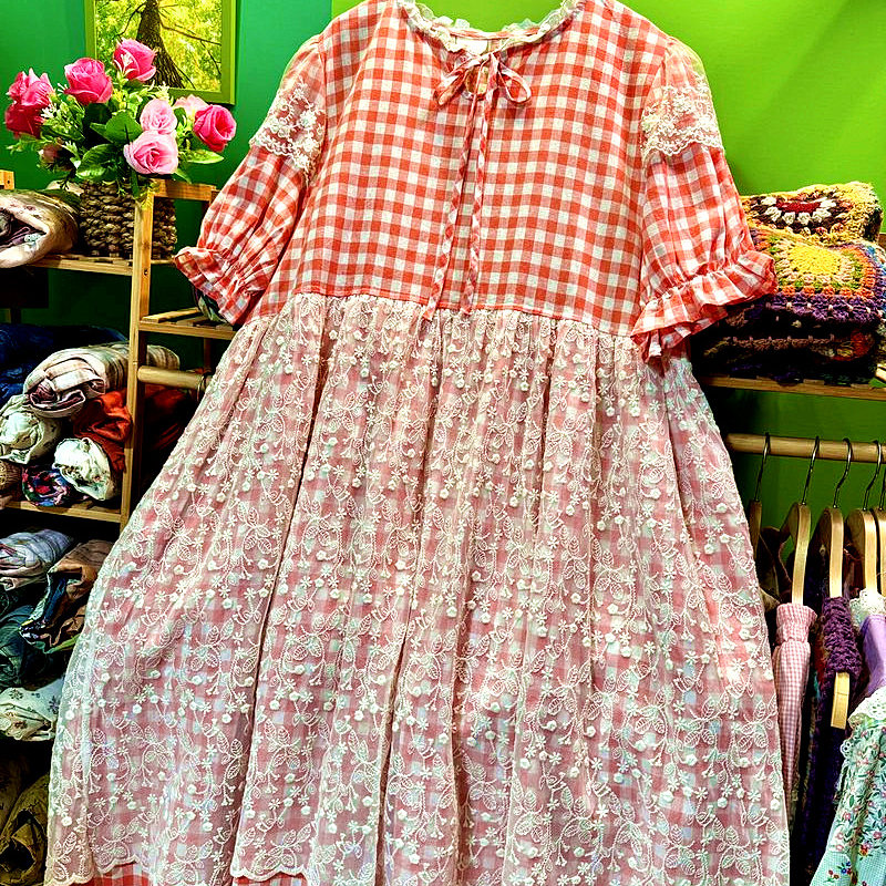 熊姑娘长裙/色织格子棉麻/蕾丝宽松大码连衣裙长款2025夏季短袖女