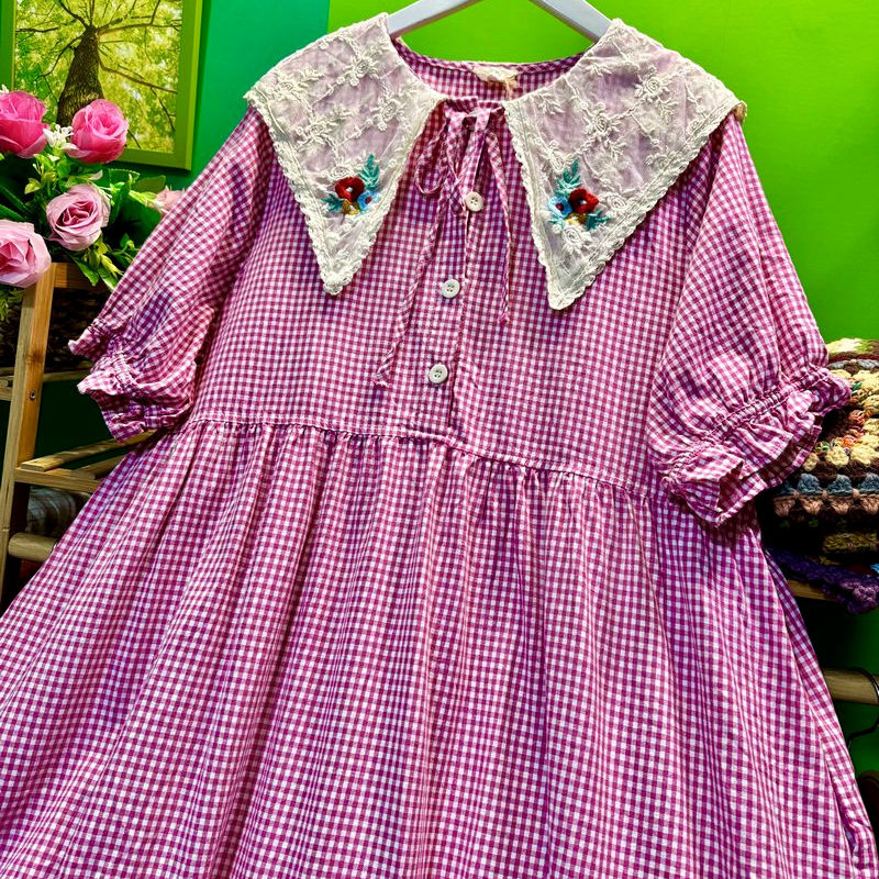 熊姑娘长裙/色织棉麻/夏季森系短袖格子连衣裙长款绣花宽松大码女