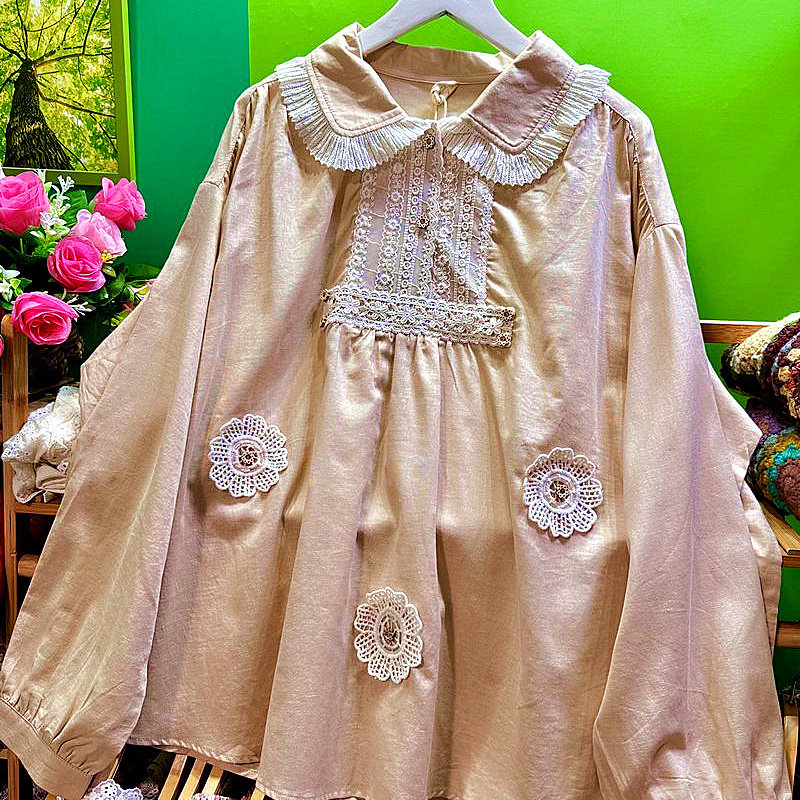 出口外贸/风琴褶皱翻领/长袖衬衫2026春秋宽松大码薄棉麻套头女士