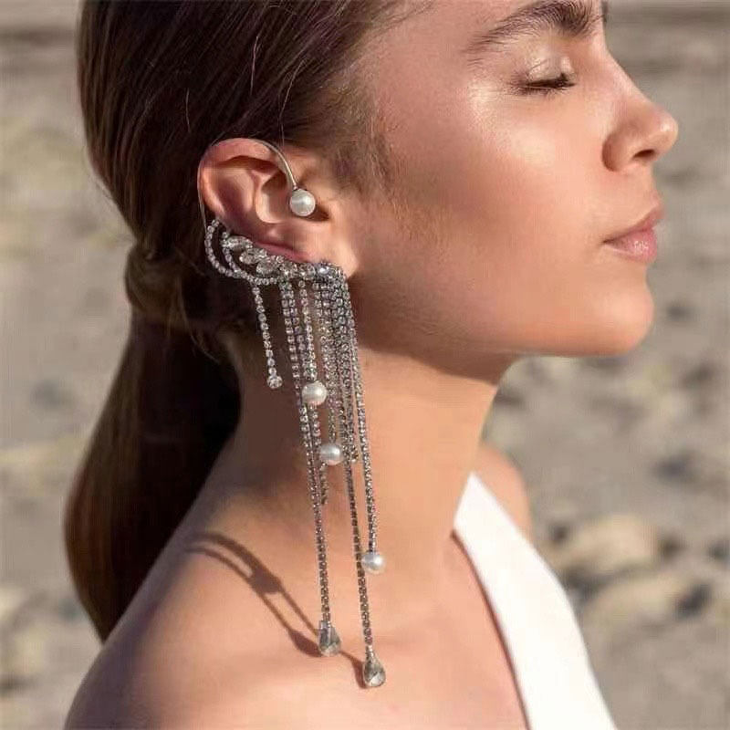 欧美款水钻珍珠流苏链条耳挂式闪钻长款耳钉耳饰女网红ins风耳环