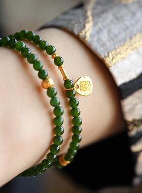天然和田玉碧玉小米珠菠菜绿手串女款扎基拉姆转运珠送女友手礼物