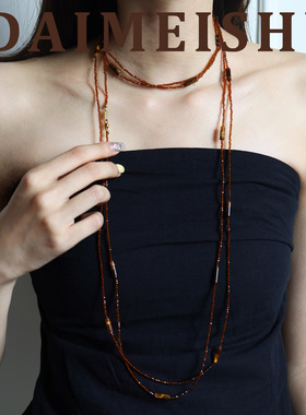 新款复古精致虎眼石串珠长款项链配饰女轻奢小众高级感叠戴毛衣链