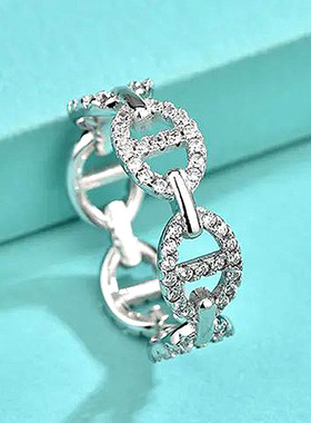 欧美跨境925纯银猪鼻子戒指女士微镶满钻个性设计闭口戒子手饰ins