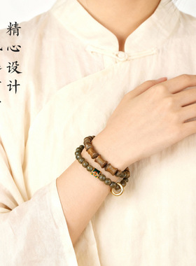 天然绿檀竹节双圈手串国风盘玩