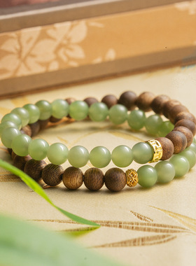 天然和田玉双圈叠戴手链沉水级绿奇楠沉香手串新中式送女友手饰品