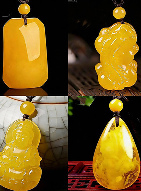 正品鸡油黄蜜蜡水滴貔貅吊坠原石平安扣无事牌项链毛衣链琥珀男女