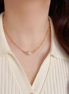 法式轻奢气质白色珍珠棍链项链小众时尚简约设计感百搭锁骨链批发