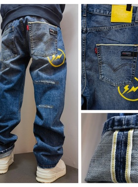 Fenom藤原浩C10黄闪电赤耳丹宁直筒宽松15oz重磅厚料水洗牛仔裤