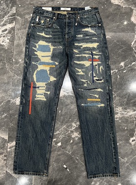 FDMTL红线牛王破坏风格赤耳直筒宽松15oz重磅厚料水洗破洞牛仔裤