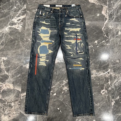 FDMTL红线牛王破坏风格赤耳直筒宽松15oz重磅厚料水洗破洞牛仔裤