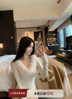 THE SWAN司凰轻奢 小雪球 多穿领100狐狸毛气质温柔磨绒针织上衣