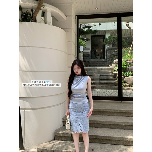 气质优雅缎面上衣/蕾丝半裙