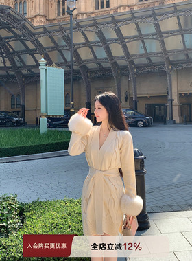 THE SWAN司凰轻奢 华丽小贵妇 100狐狸毛袖澳毛羊毛针织保暖外套