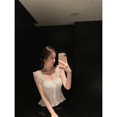 雪纺荷叶袖U领花边百搭显瘦上衣