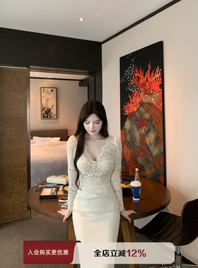 THE SWAN司凰轻奢 晚秋浪漫 韩系纯欲蕾丝拼接长袖修身收腰连衣裙