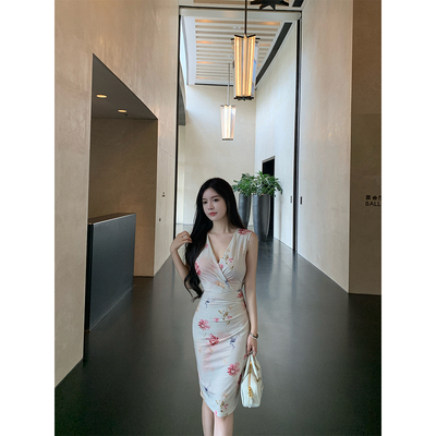 针织印花连衣裙女夏弹力修身裙子