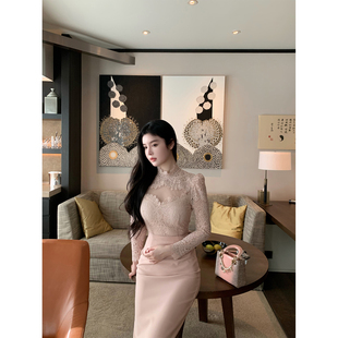 优雅茶歇裙拼蕾丝修身 THE 法式 自在温柔 气质连衣裙 SWAN司凰轻奢