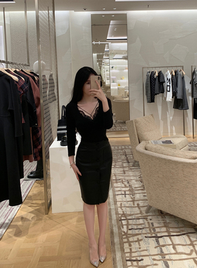 【现货7折】THE SWAN司凰轻奢 蕾丝花边针织上衣+小羊皮菱格半裙