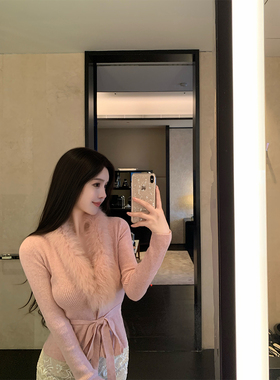 THE SWAN司凰轻奢 娇滴滴 羊绒羊毛狐狸毛针织开衫女绑带收腰上衣