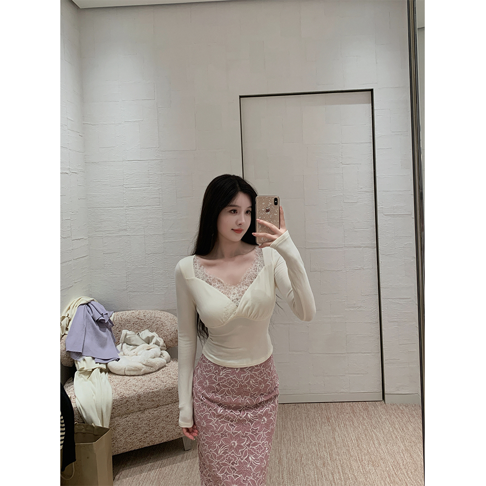 百搭修身针织上衣/绒感蕾丝裙