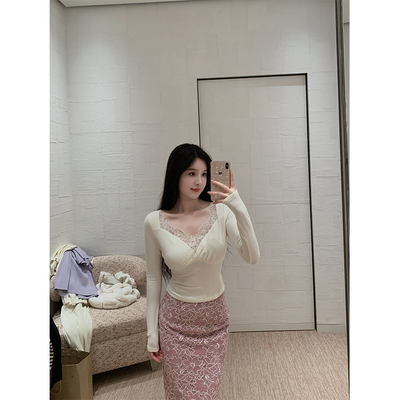 百搭修身针织上衣/绒感蕾丝裙
