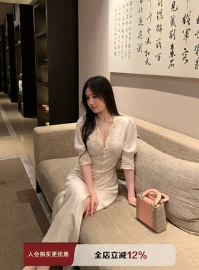 THE SWAN司凰轻奢 气质组 纯欲缎面拼蕾丝花边长裙高端精致连衣裙