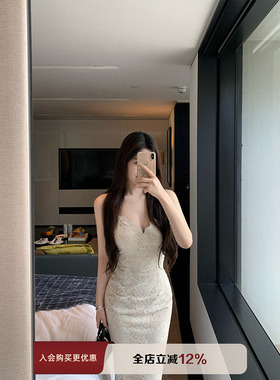 THE SWAN司凰轻奢 软香白玉 温柔收腰包臀裙气质蕾丝吊带连衣裙女