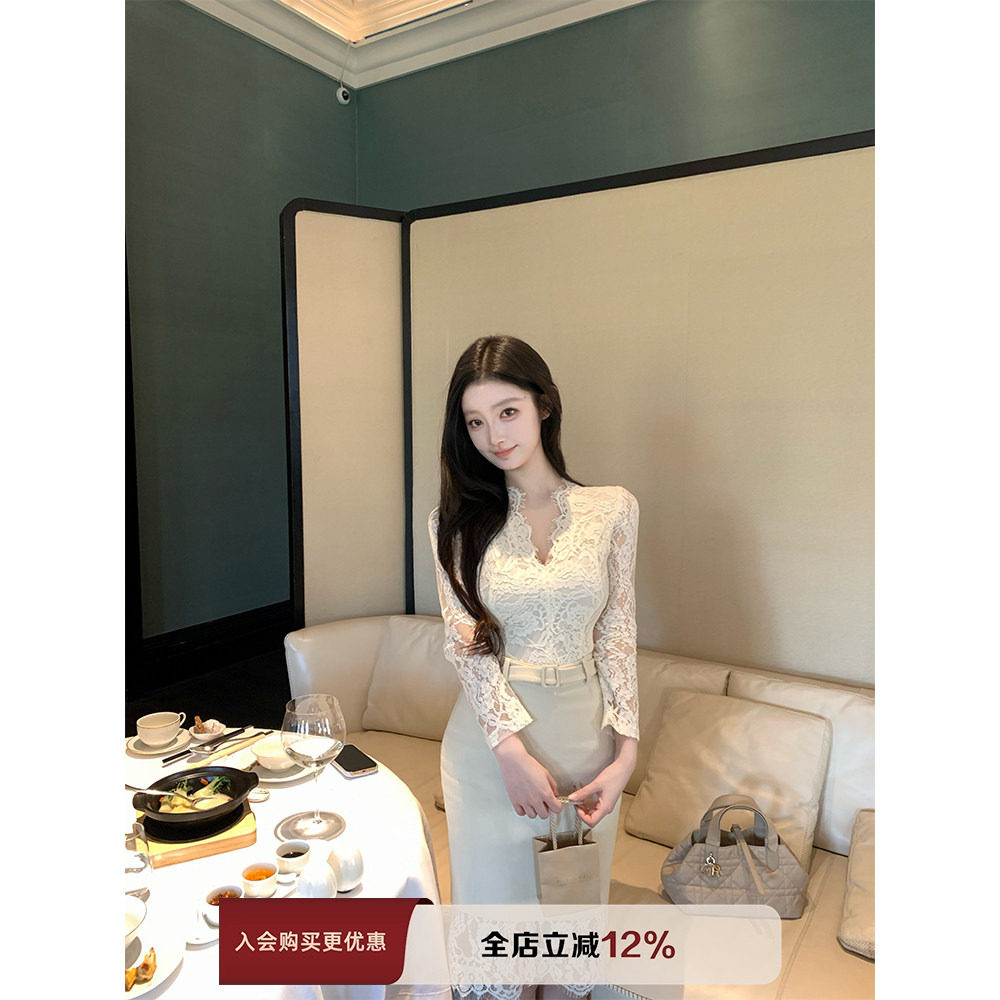 THE SWAN司凰轻奢 白月光 气质长袖蕾丝衫上衣羊毛包臀半身裙套装,女装/女士精品,时尚套装,淘宝优惠券,粉丝福利购,淘宝优惠卷