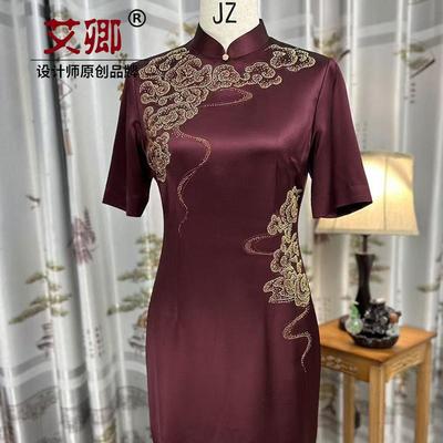 婚宴醋酸缎中长款烫钻旗袍高端