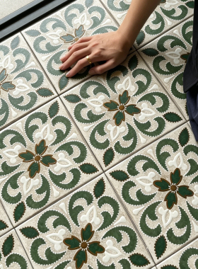 复古绿色花砖自粘地板贴防水防滑耐磨家用厨房卫生间地面翻新地贴