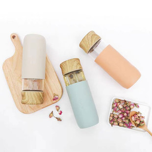 乐扣乐扣玻璃杯ins风杯子木纹盖便携茶杯硅胶杯套学生男女LLG649