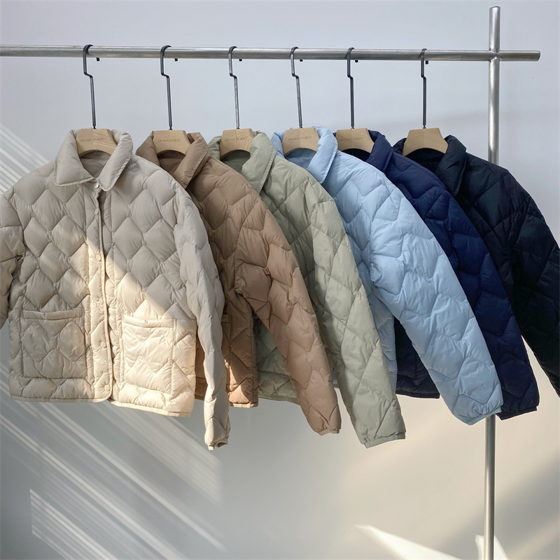 断码清波浪纹泡芙轻薄90白鹅绒羽绒服秋冬小个子翻领短款女士外套