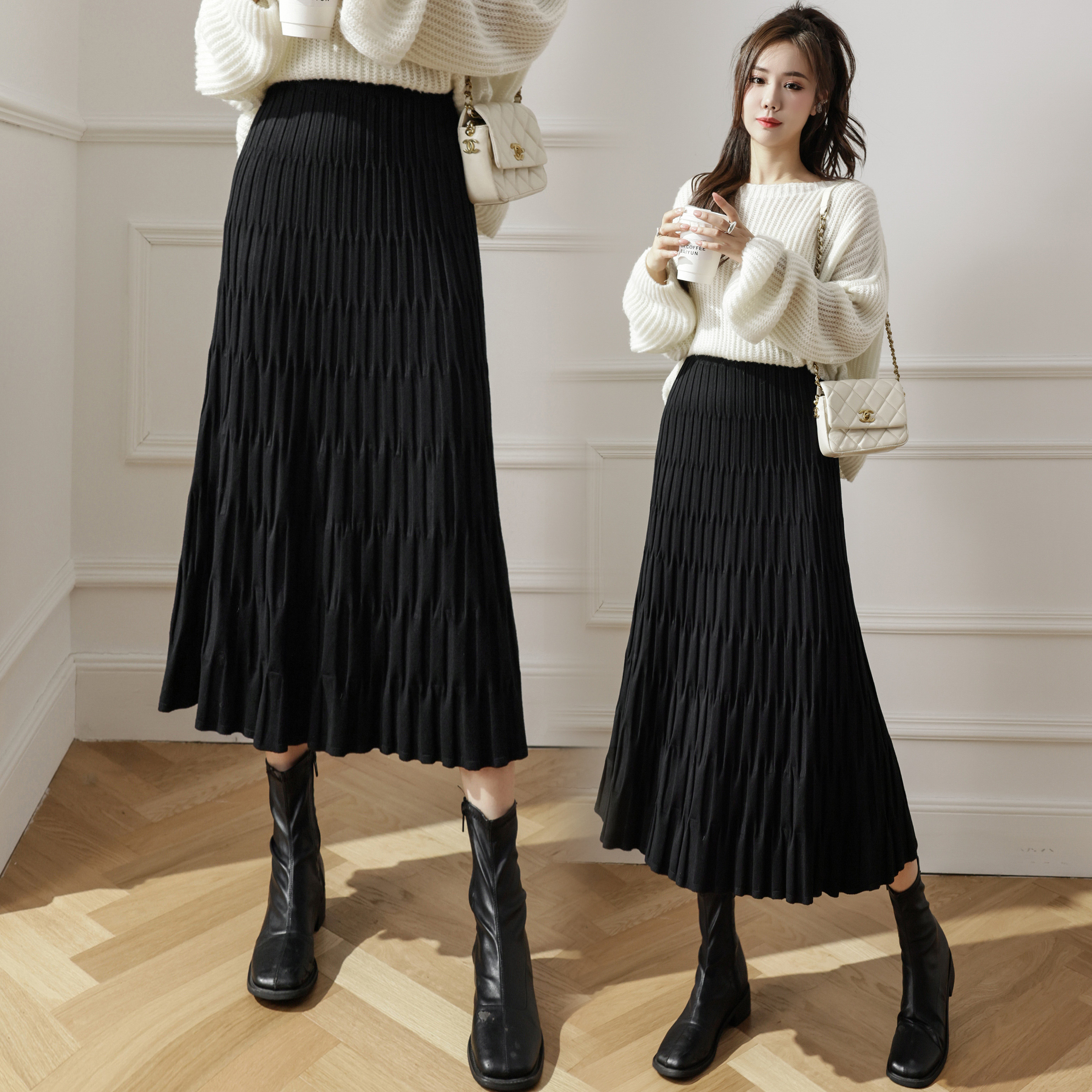 秋季2022新款中长款裙子女厚款冬装针织裙半身裙气质休闲a字裙
