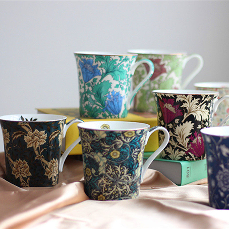 建永杯欧式复古水杯马克杯骨瓷陶瓷美式咖啡杯morris英式墨绿茶杯