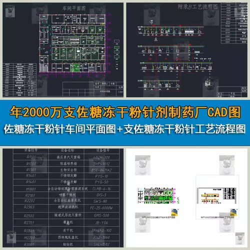 年2000万支佐糖冻干粉针剂制药工厂设计车间平面及工艺流程CAD图