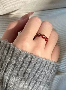 安可拉红色开口花朵食指戒指复古