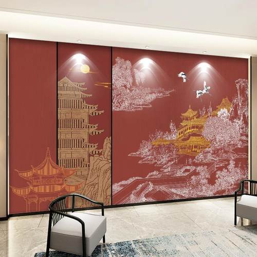 新中式山水壁画电视背景墙壁布客厅影视无缝墙布酒店饭店餐厅定制
