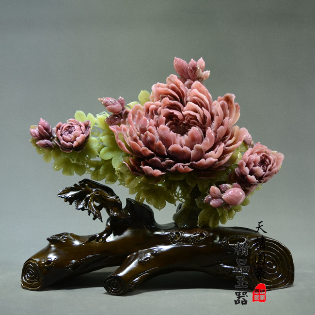 天精国豪天然玉石岫玉牡丹花摆件