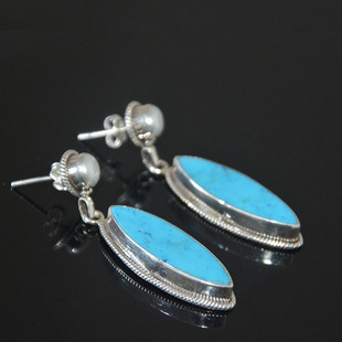 天然高端高瓷兰松石耳饰纯银嵌珍珠复古民族风耳环长款耳饰