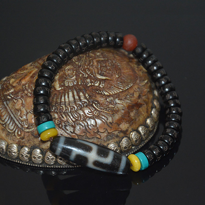 西藏天然真品天珠手串九眼页岩万字风化包浆天珠椰壳六字箴言手链