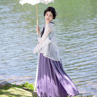 日常百搭宋裤 瞳莞汉服原创紫风铃直领对襟短衫 百迭裙吊带抹胸套装