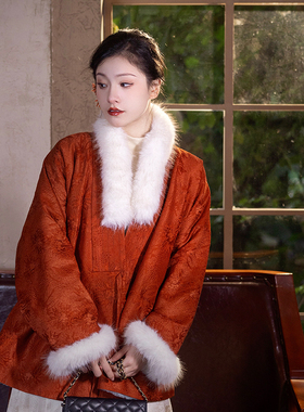 瞳莞千金妙仪明制直领对穿交窄袖短袄提花缎仿免貂保暖秋冬汉服女