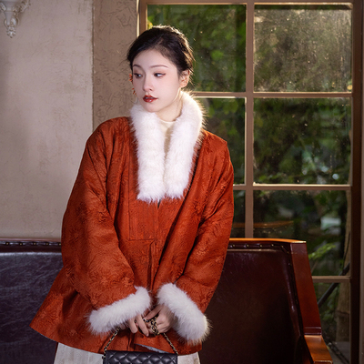 瞳莞千金妙仪明制直领对穿交窄袖短袄提花缎仿免貂保暖秋冬汉服女