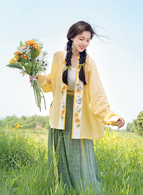 瞳莞原创汉服一举夺葵直领对襟飞机袖短衫百迭裙套装2023春夏新款