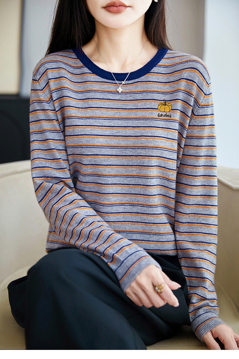 2026秋季新款女套头针织毛衣女圆领长袖条纹刺绣南瓜 打底衫女装