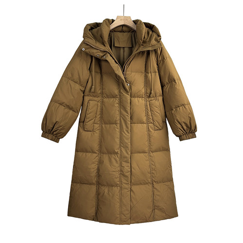 冬季连帽加厚保暖长款鹅绒服过膝防风时尚女士羽绒服 长105cm