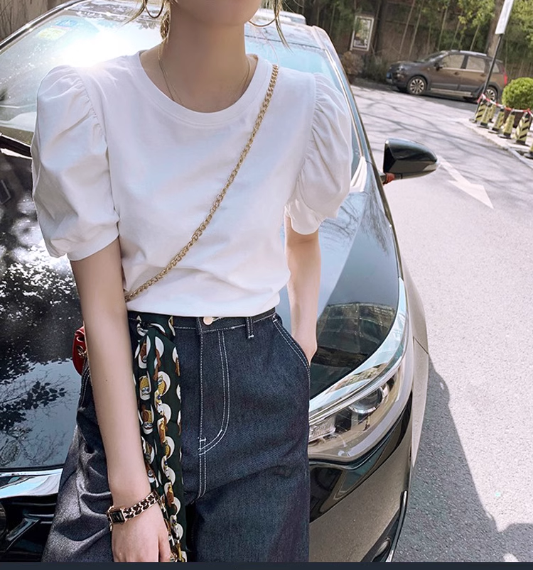 夏季纯棉打底衫白色圆领泡泡袖百搭女上衣修身短袖T恤大码潮